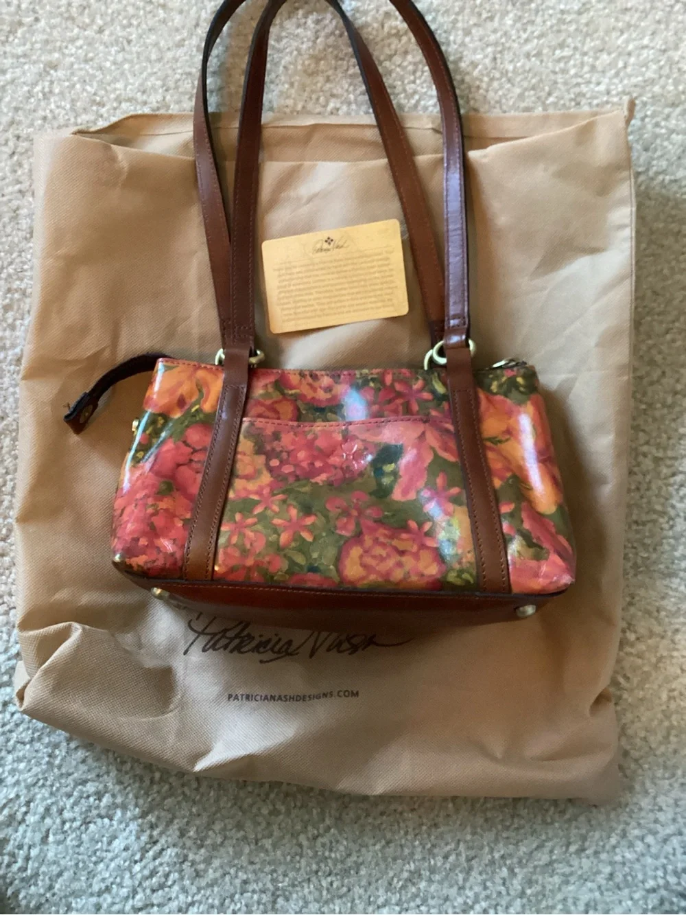 Patricia Nash Pink Floral Patent Leather Shoulder Bag with Brown Trim